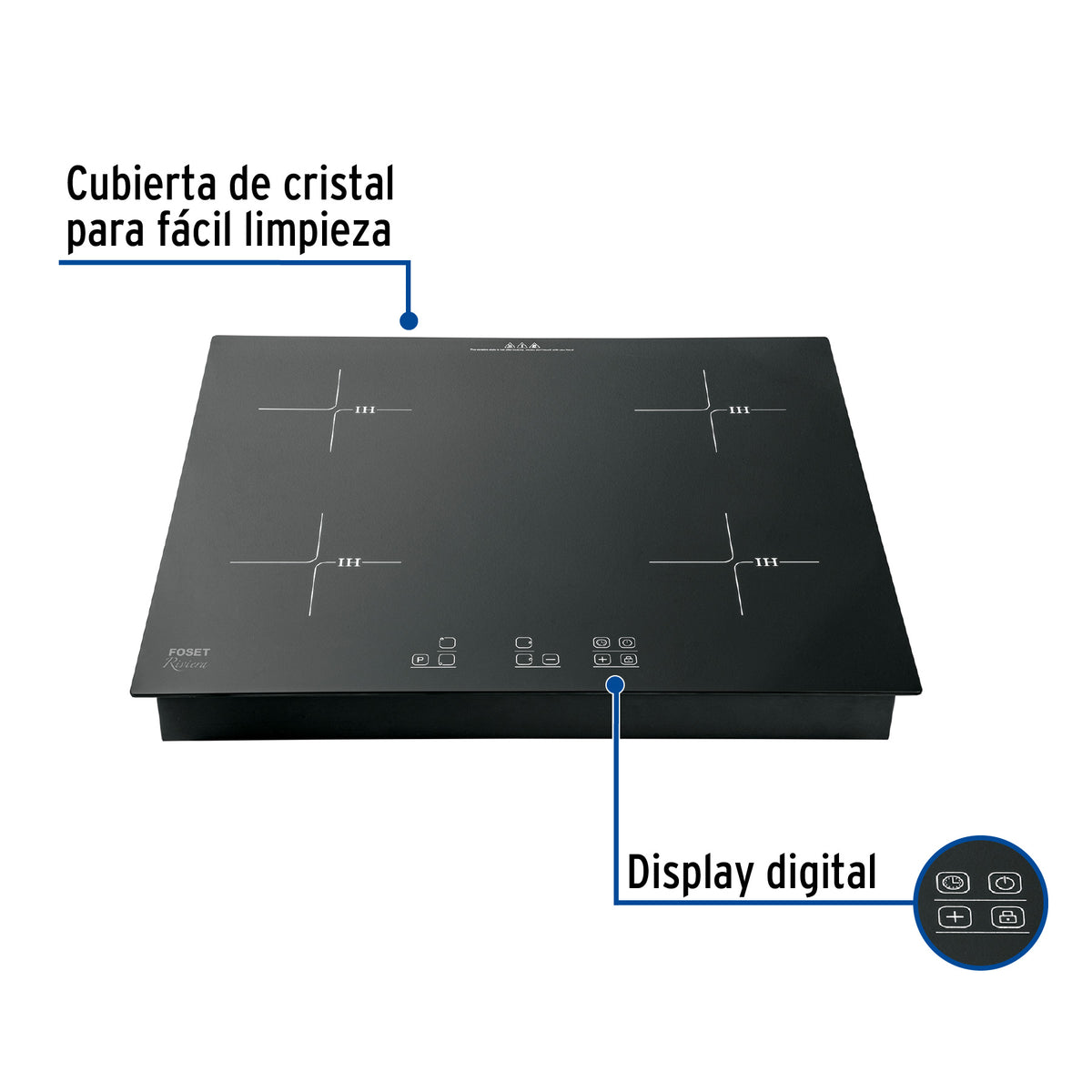 Parrilla Inducción Empotrable 60 cm, 4 Quem, Vidrio, Riviera