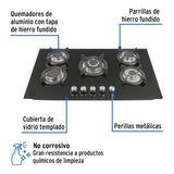 Parrilla Gas Empotrable 90 cm, 5 Quem, Vidrio Negro, Riviera
