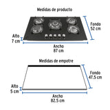 Parrilla Gas Empotrable 90 cm, 5 Quem, Vidrio Negro, Riviera