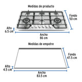 Parrilla Gas Empotrable 90 cm, 6 Quem, Acero Inox, Riviera