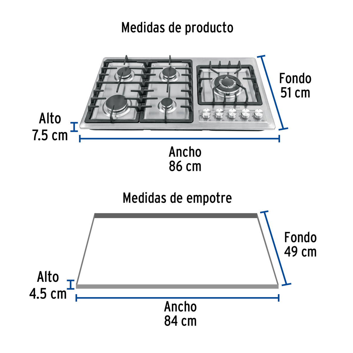 Parrilla Gas Empotrable 90 cm, 5 Quem, Lateral, Inox, Riviera