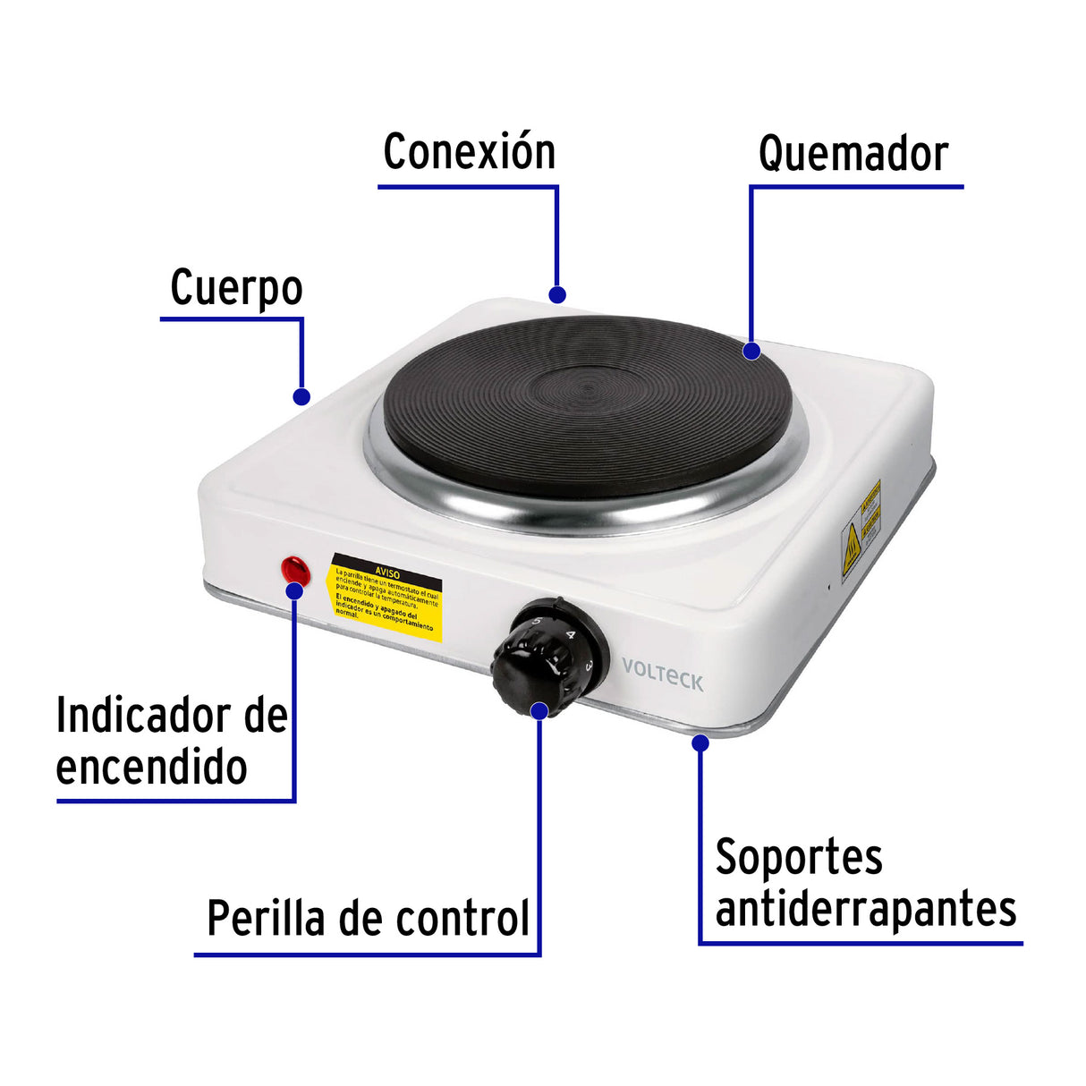 Parrilla Eléctrica 1 Quemador de Disco, Blanca, Volteck