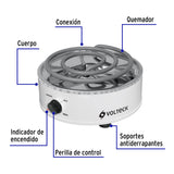 Parrilla Eléctrica Red. 1 Quemador Espiral, Blanca, Volteck