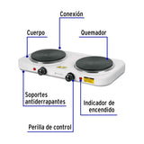 Parrilla Eléctrica 2 Quemadores de Disco, Blanca, Volteck