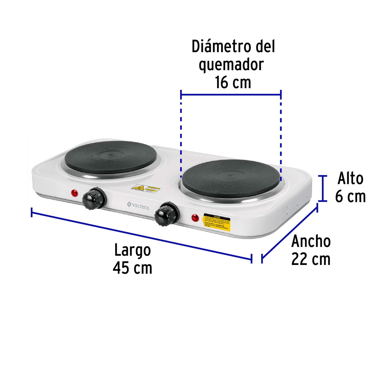 Parrilla Eléctrica 2 Quemadores de Disco, Blanca, Volteck