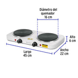 Parrilla Eléctrica 2 Quemadores de Disco, Blanca, Volteck