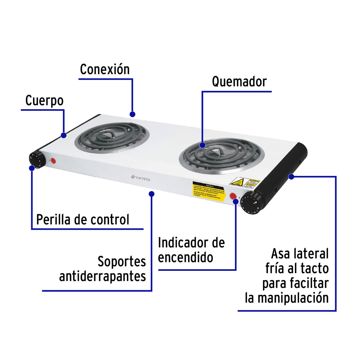 Parrilla Eléctrica 2 Quemadores en Espiral, Blanca, Volteck