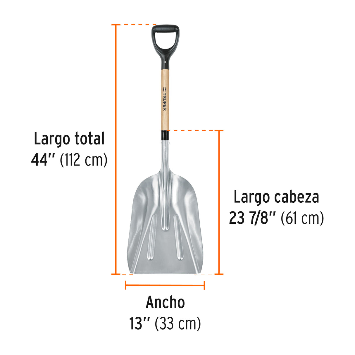 Pala Sanitaria Cabeza #14 de Aluminio, Puño 'y', Mango 27'