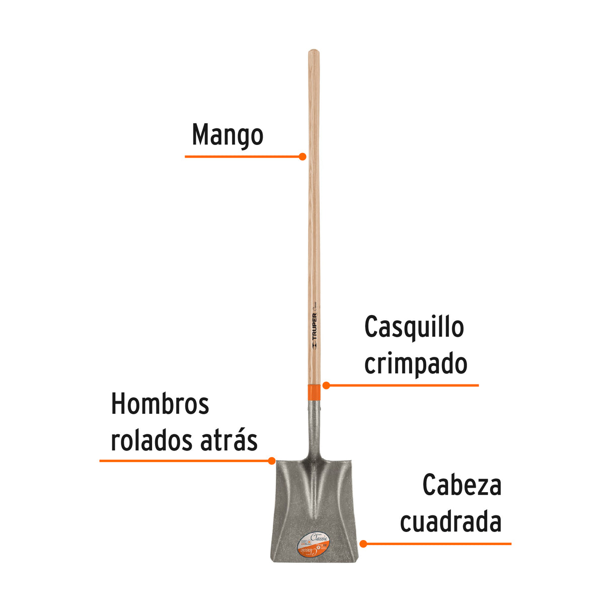 Pala Cuadrada Classic, Mango Largo 48', Truper