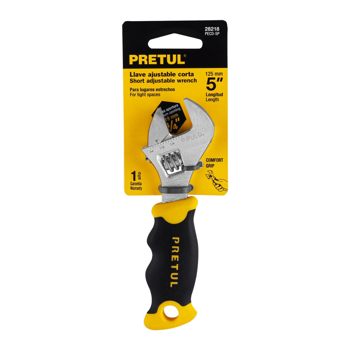 Llave Ajustable (Perico Corto) 5' Cromada con Grip, Pretul