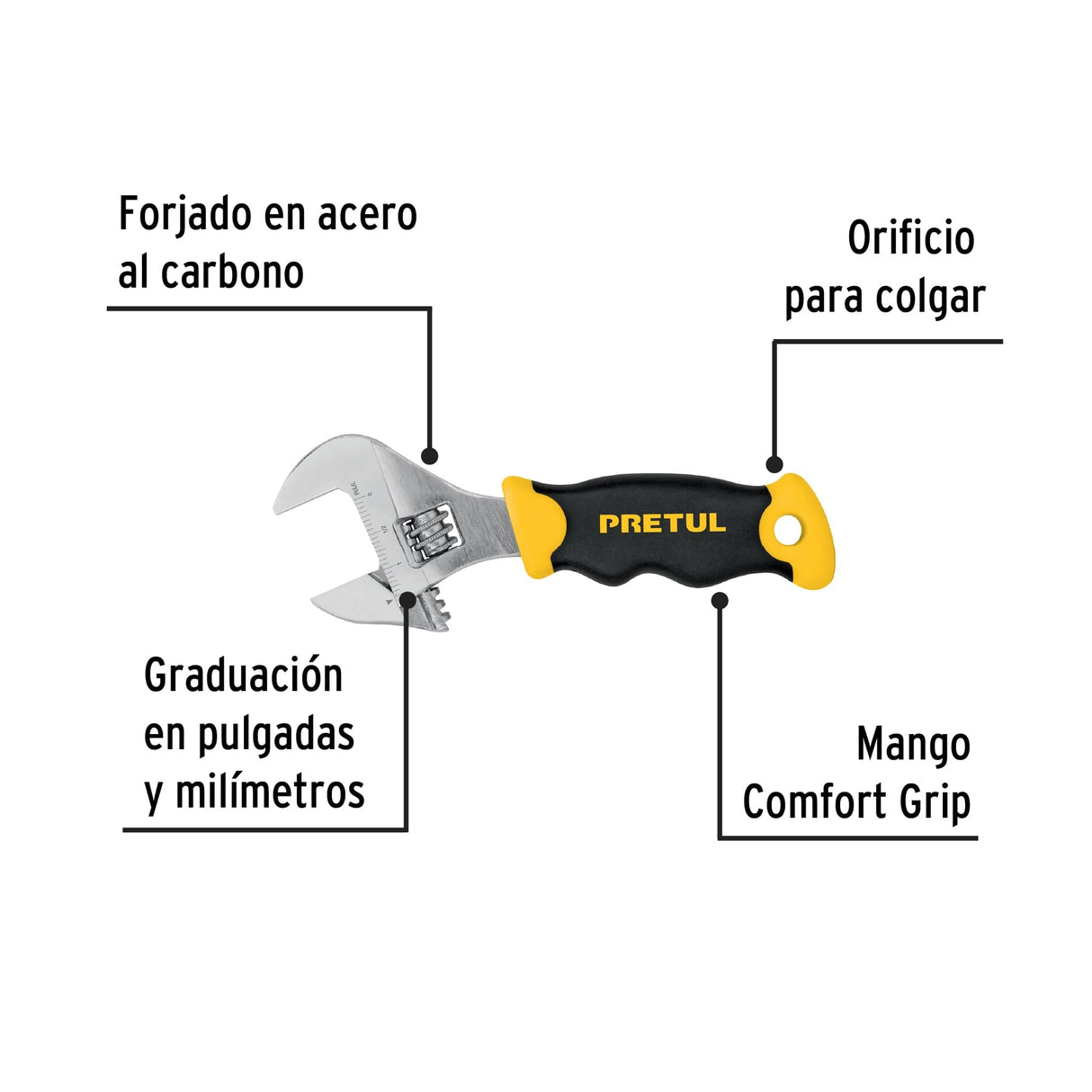 Llave Ajustable (Perico Corto) 6' Cromada con Grip, Pretul