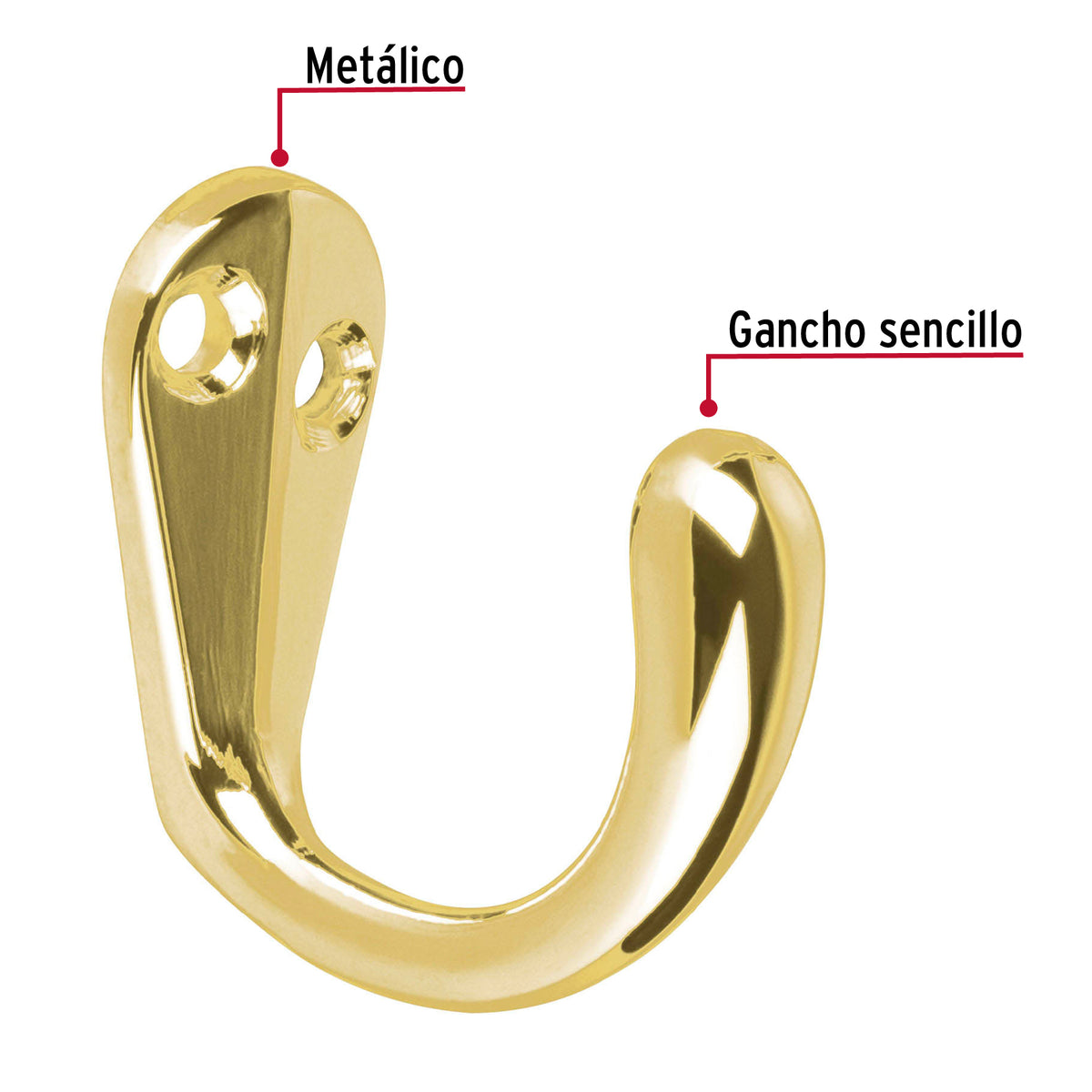 Gancho Sencillo Tipo Perchero, Latón Brillante, Hermex