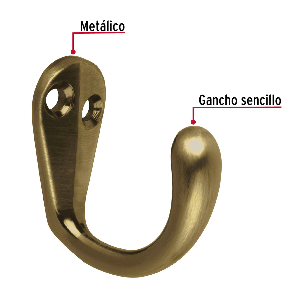 Gancho Sencillo Tipo Perchero, Latón Antiguo, Hermex