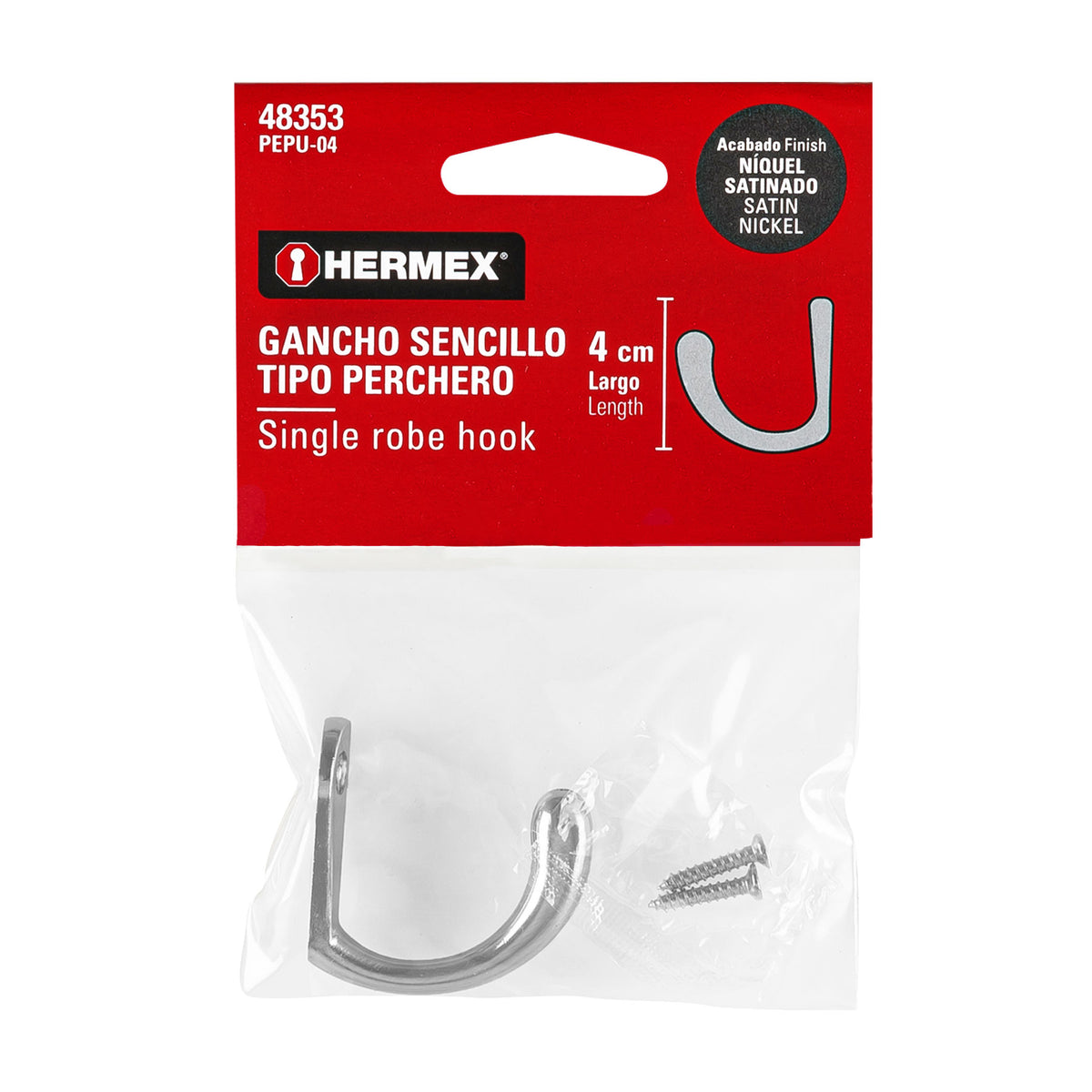 Gancho Sencillo Tipo Perchero, Níquel Satinado, Hermex