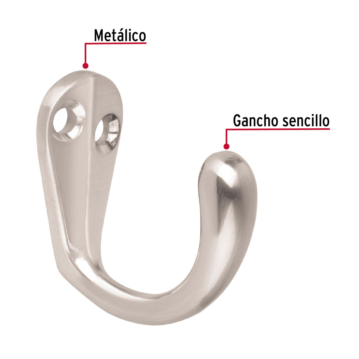 Gancho Sencillo Tipo Perchero, Níquel Satinado, Hermex