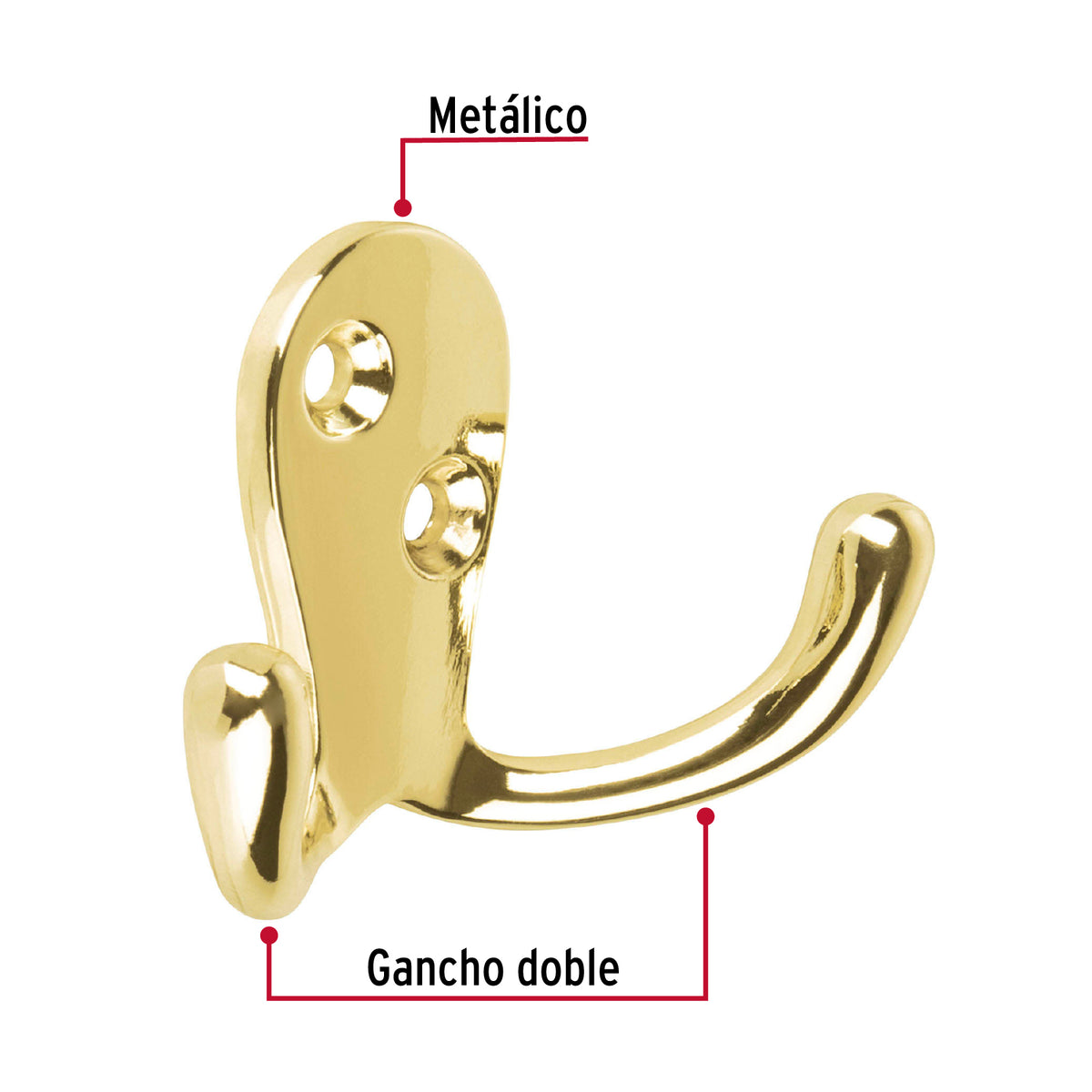 Gancho Doble Tipo Perchero, Latón Brillante, Hermex