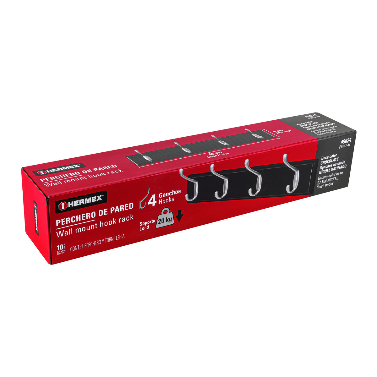 Perchero para Pared con 4 Ganchos Satinados, Hermex