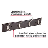 Perchero para Pared con 4 Ganchos Satinados, Hermex