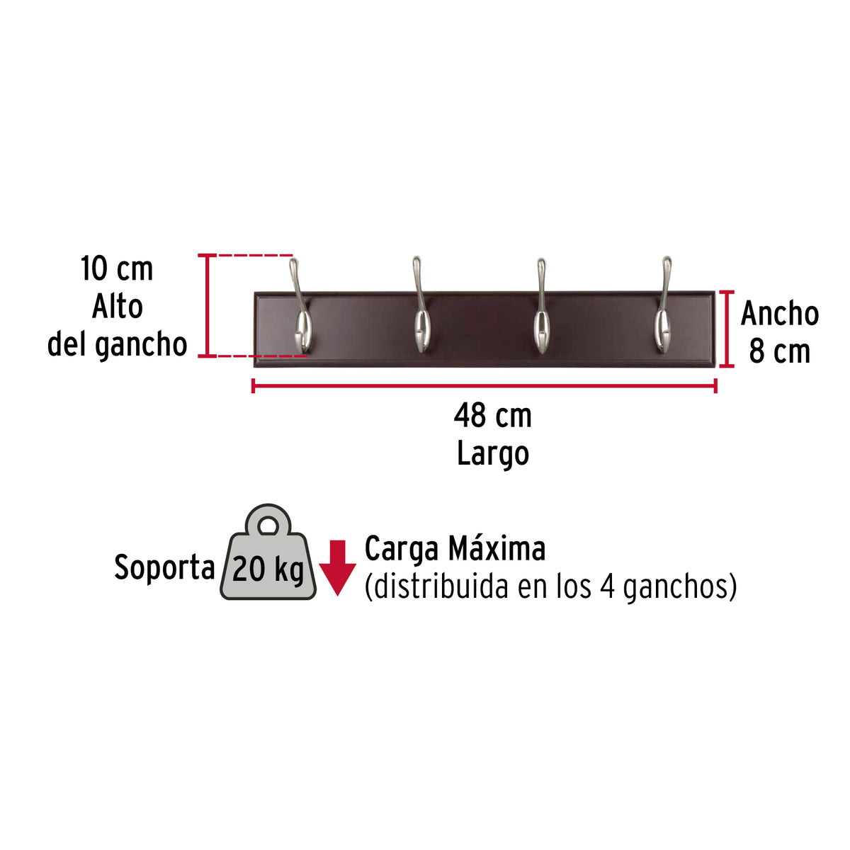 Perchero para Pared con 4 Ganchos Satinados, Hermex