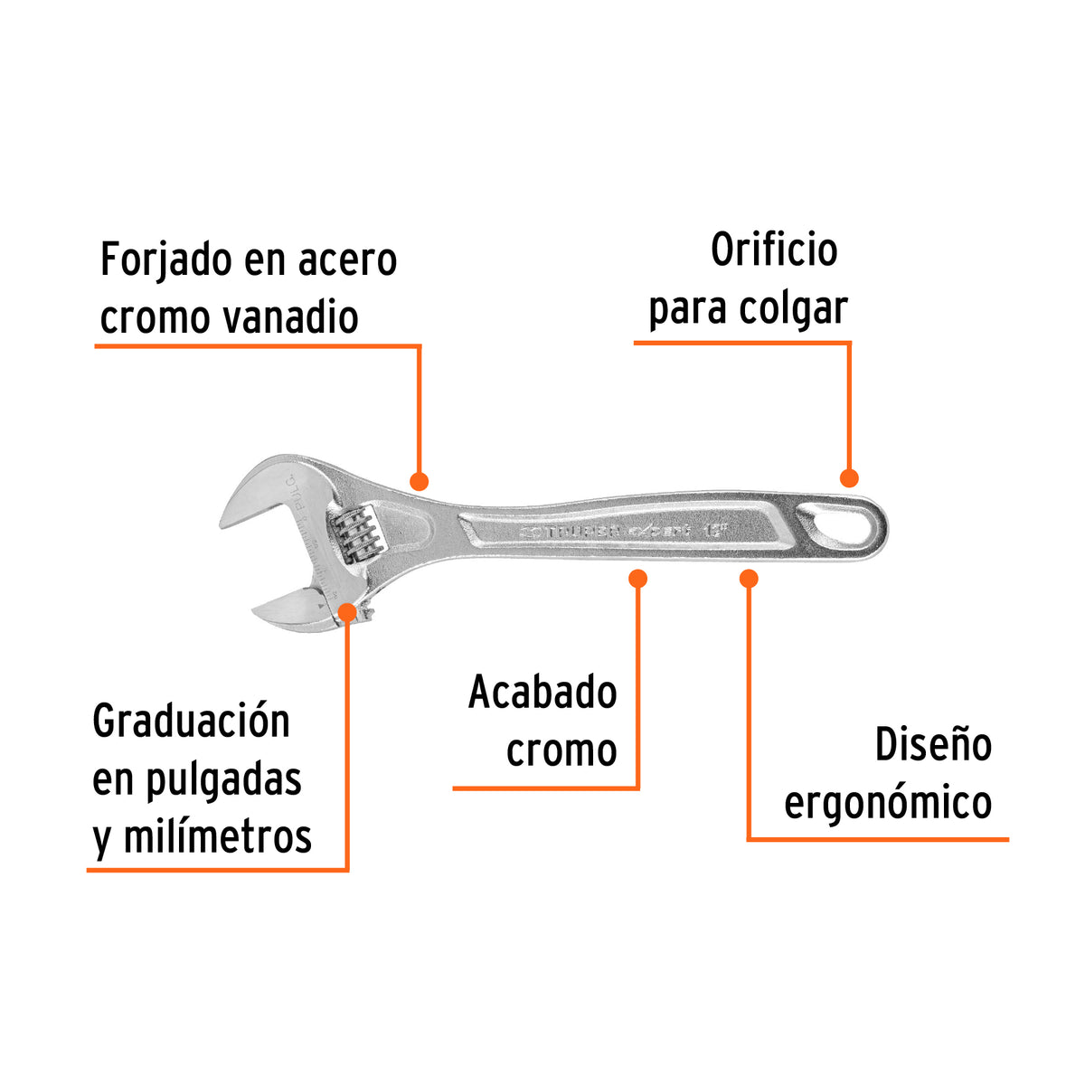Llave Ajustable (Perico) 12' Profesional Cromada, Expert