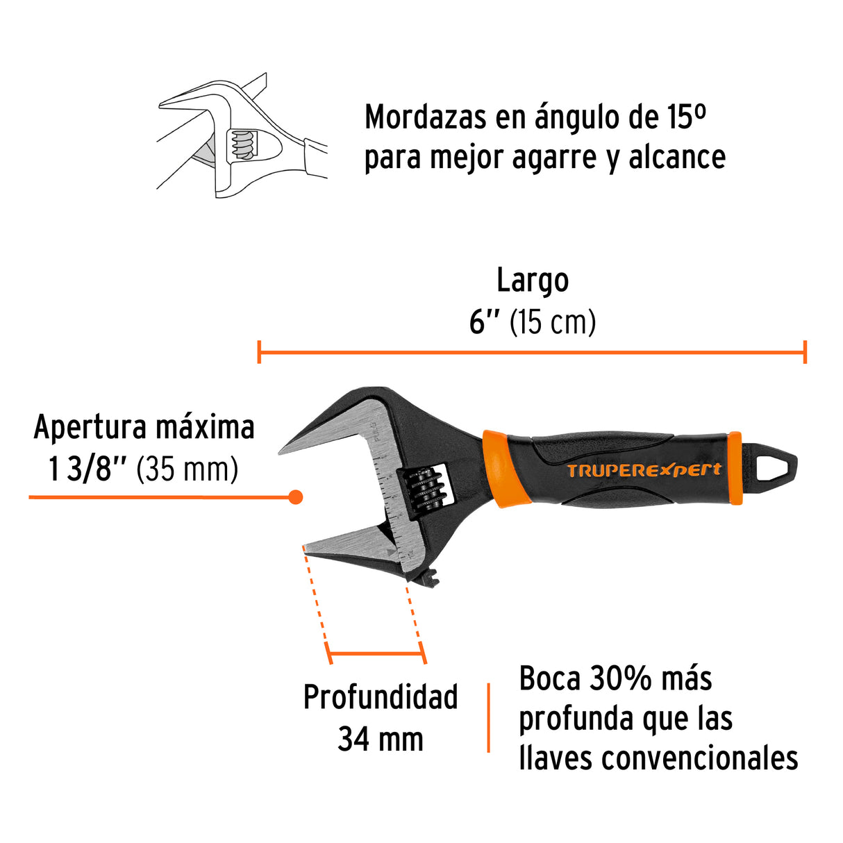Llave Ajustable (Perico) 6' Boca Ancha Comfort Grip, Expert