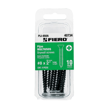 Blíster con 10 pijas multiusos, #8 x 2', Fiero