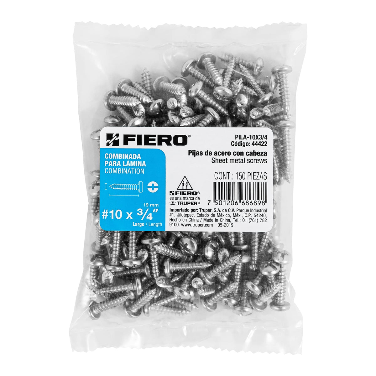Bolsa con 150 Pijas para Lámina, #10 X 3/4', Fiero