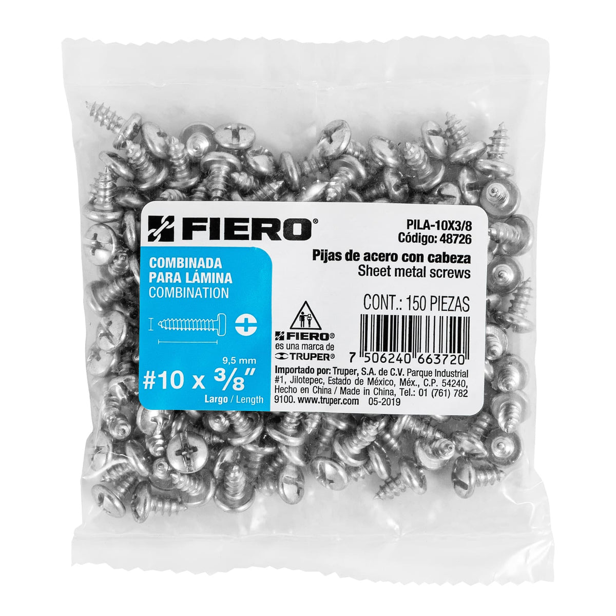 Bolsa con 150 Pijas para Lámina, #10 X 3/8', Fiero