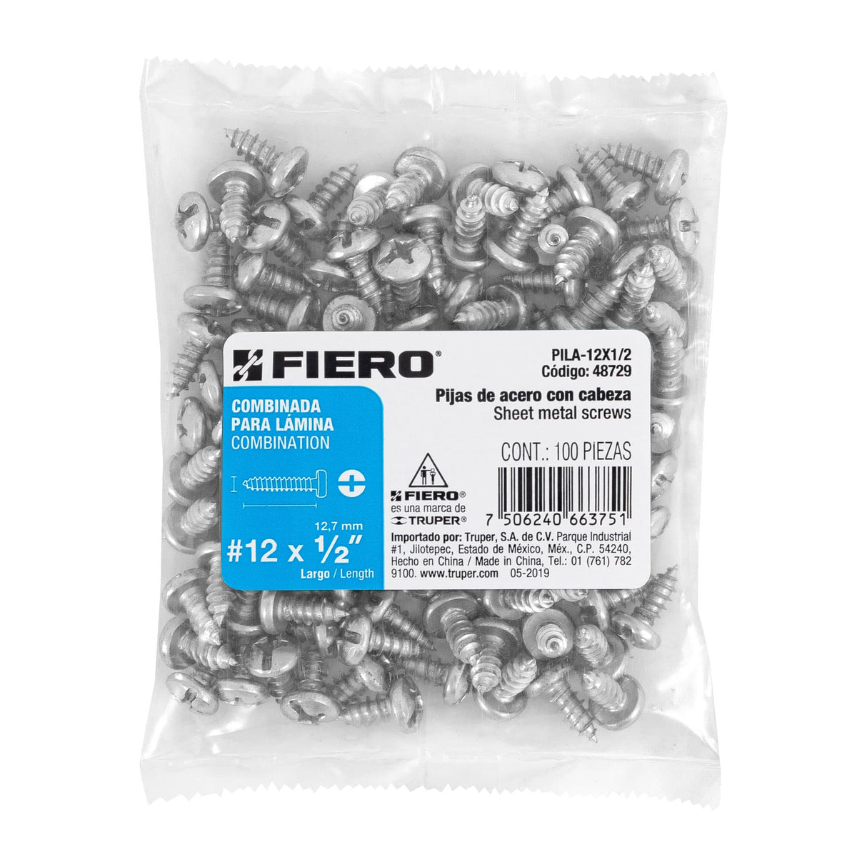Bolsa con 100 Pijas para Lámina, #12 X 1/2', Fiero