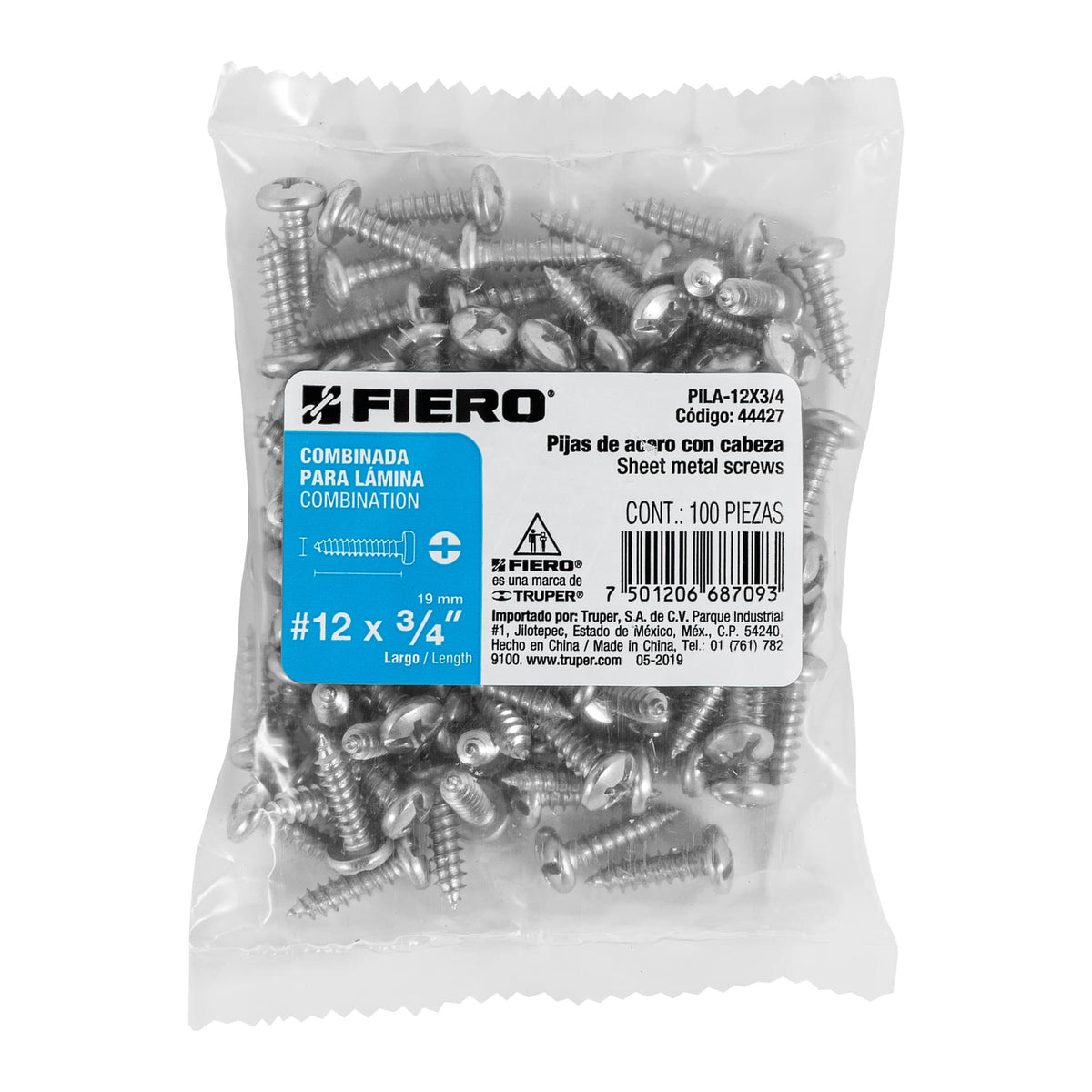 Bolsa con 100 Pijas para Lámina, #12 X 3/4', Fiero