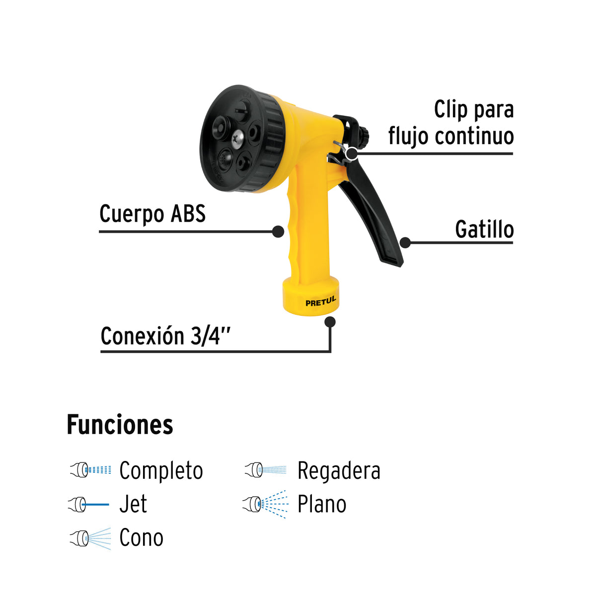 Pistola Plástica para Riego de 5', 5 Funciones, Pretul