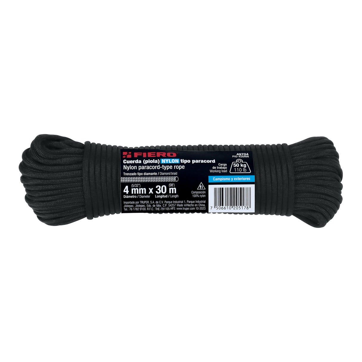 Piola de Nylon Paracord de 4 mm X 30M Negro, Madeja, Fiero