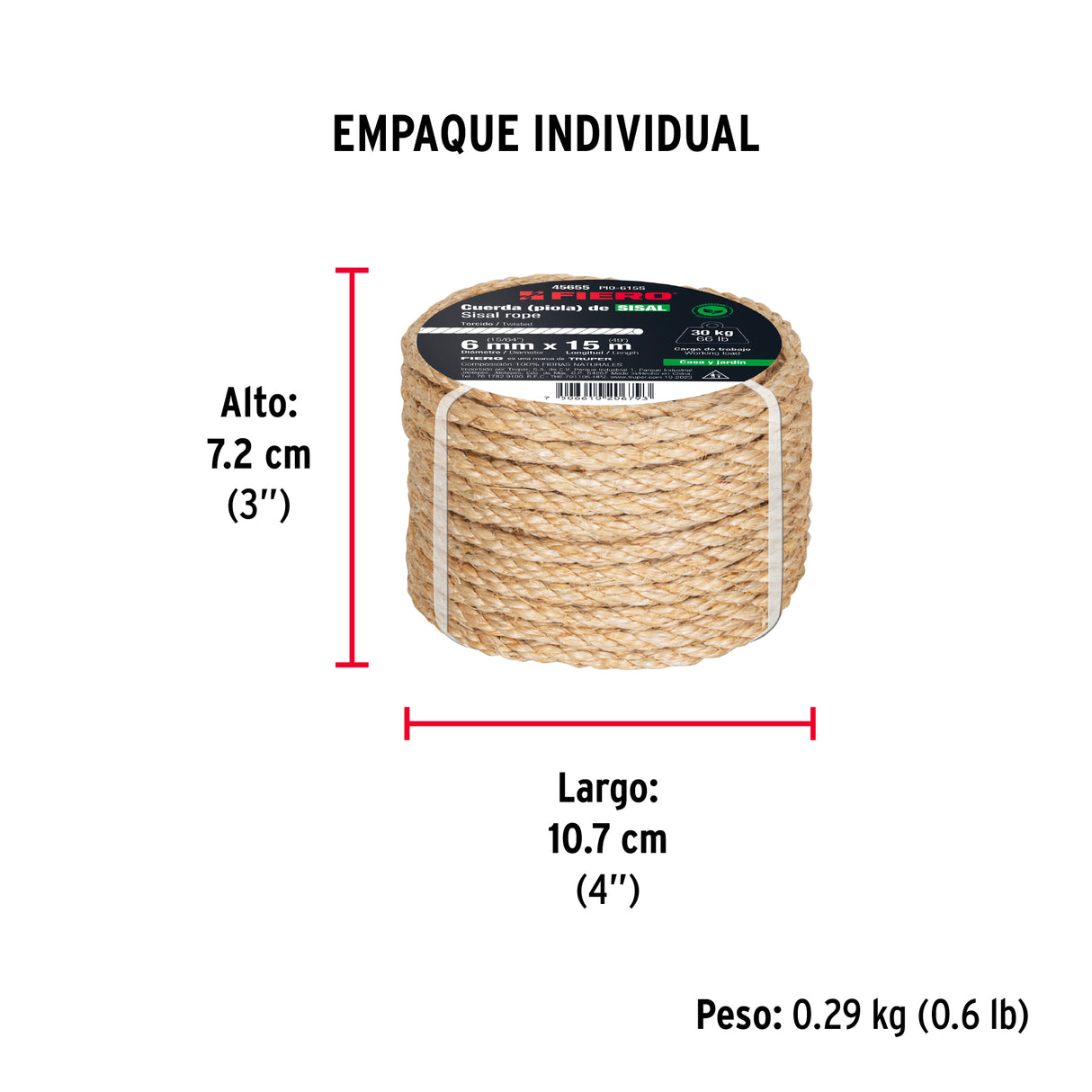 Piola de Sisal (Henequén) de 6 mm X 15 m Natural, Fiero