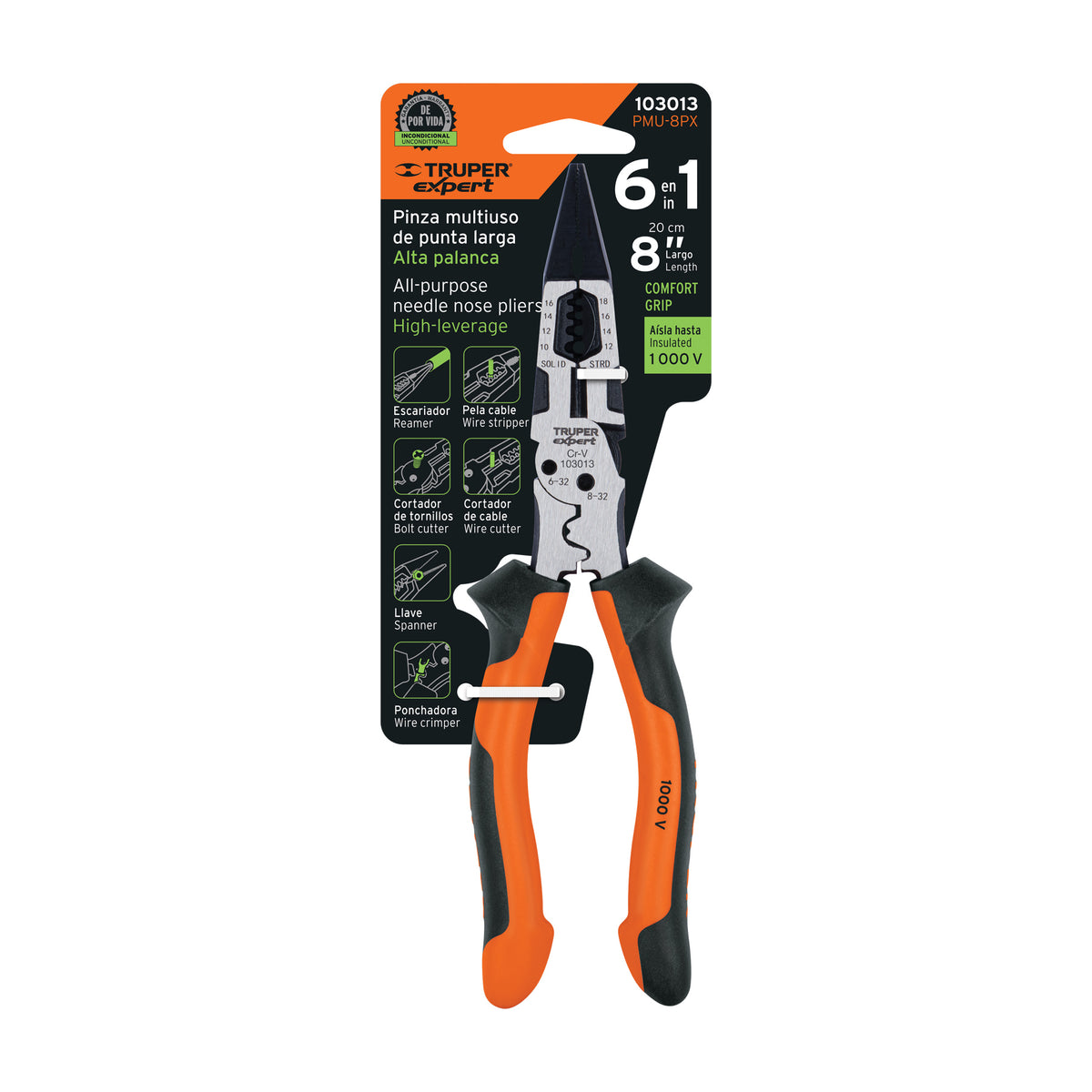 Pinza Multiuso 8' Punta Larga, Comfort Grip, Truper Expert