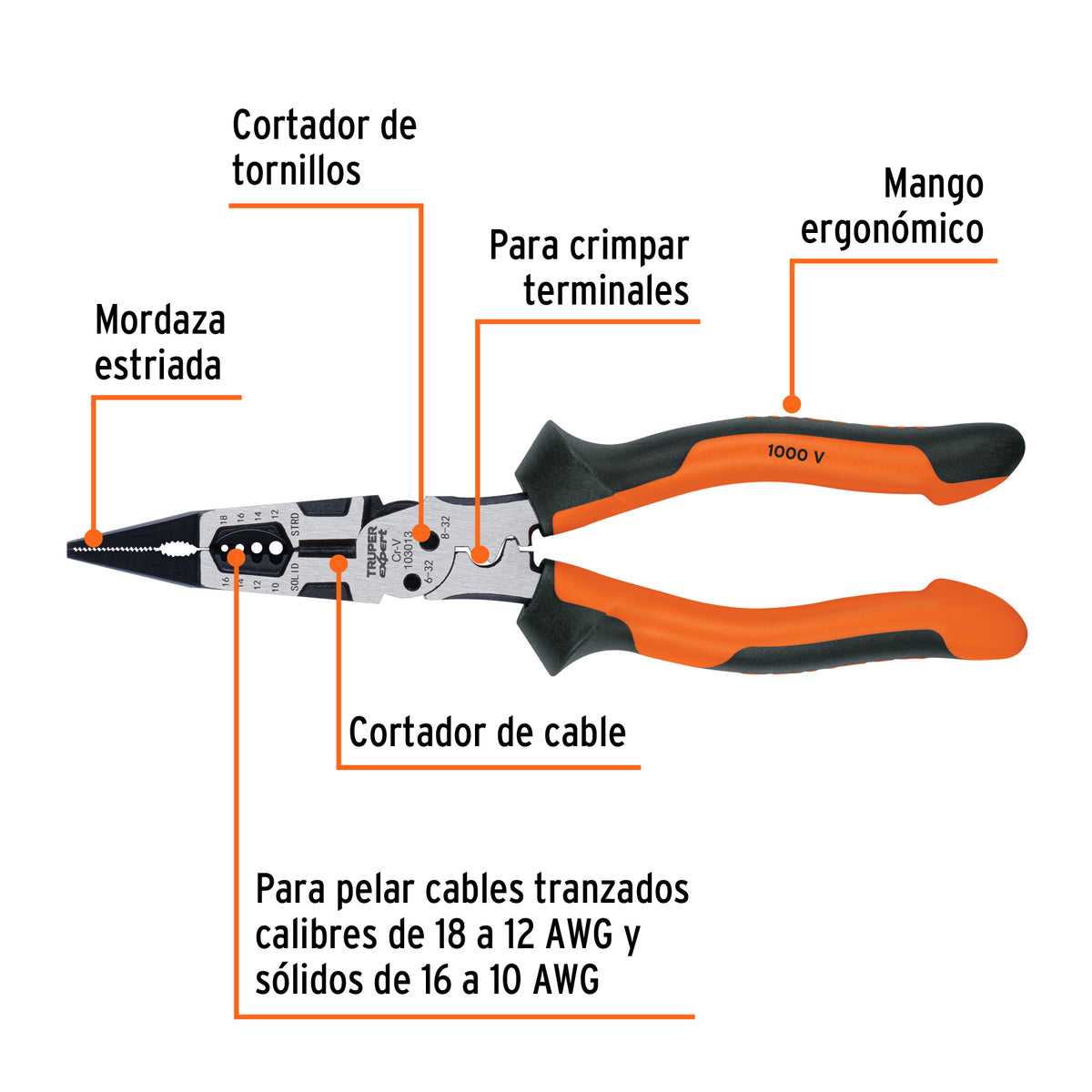 Pinza Multiuso 8' Punta Larga, Comfort Grip, Truper Expert