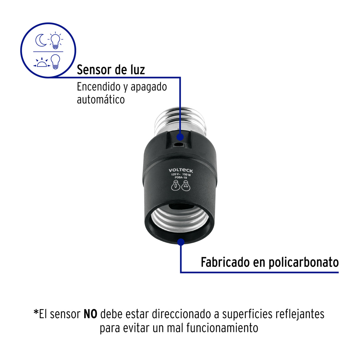 Portalámpara de PVC, con Sensor de Luz, Volteck