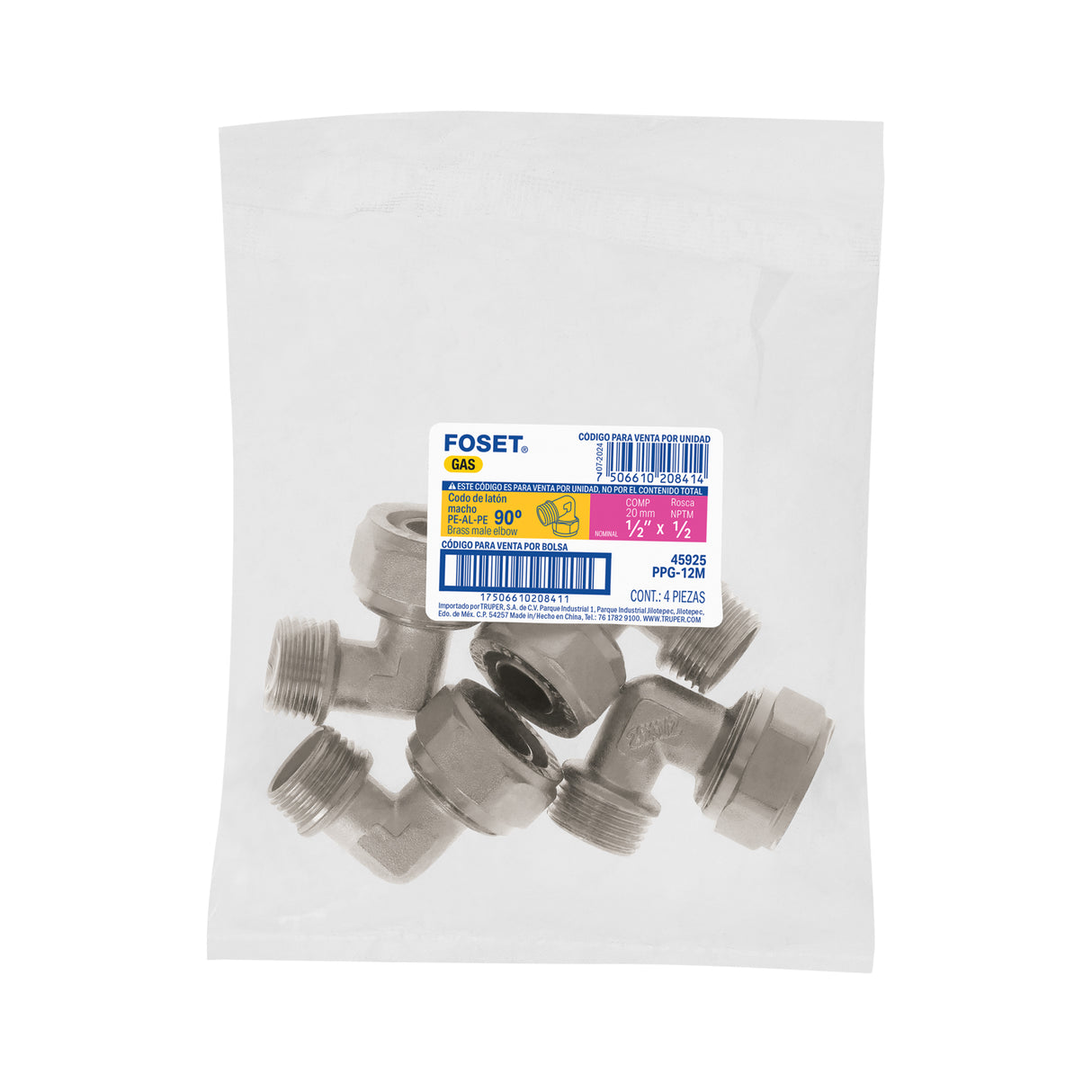 Codo 90° para Pealpe, 1/2', con Rosca Macho, Foset