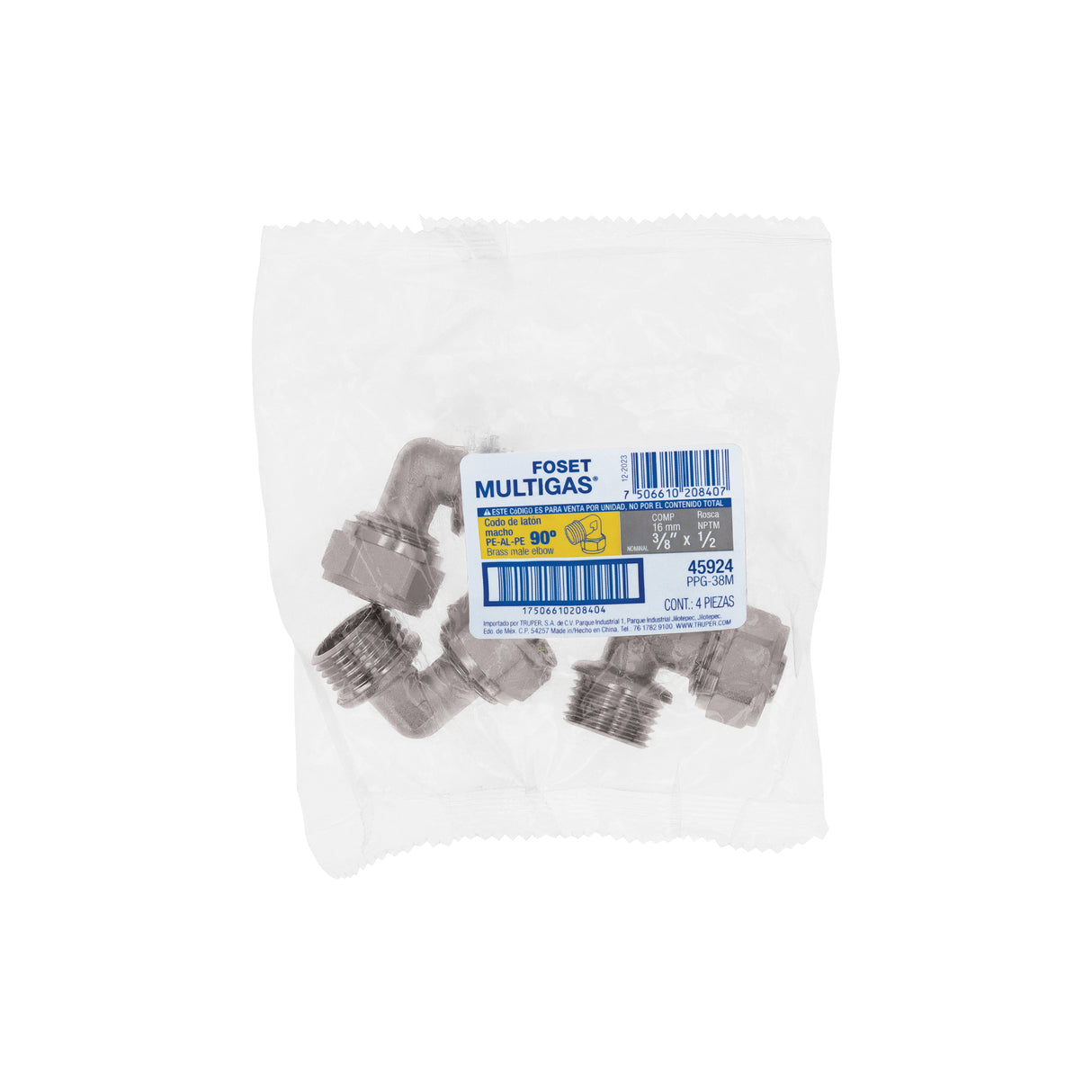 Codo 90° para Pealpe, 3/8', con Rosca Macho, Foset