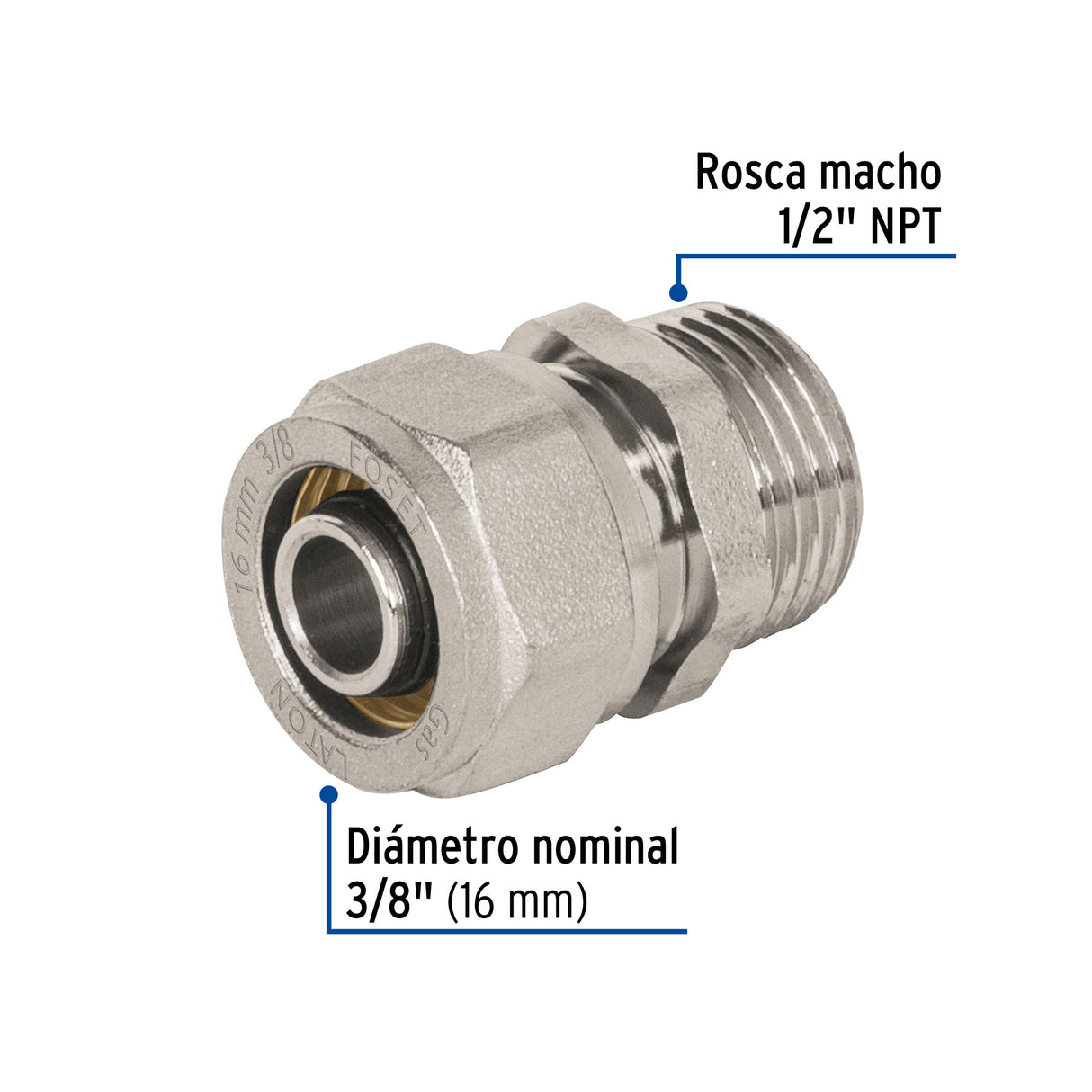 Conector para Pealpe, 3/8', con Rosca Macho, Foset