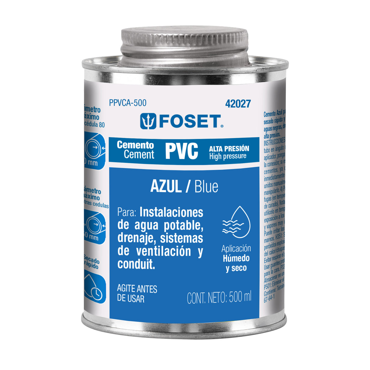 Cemento para PVC, Azul, Alta Presión, Lata 500 ml, Foset