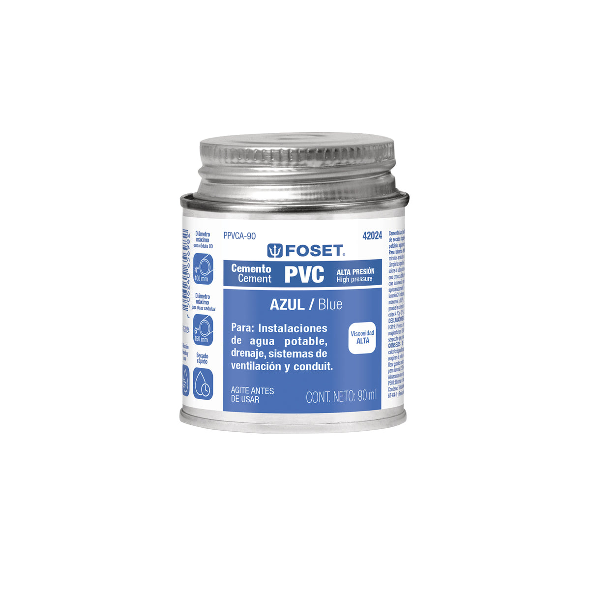 Cemento para PVC, Azul, Alta Presión, Lata 90 ml, Foset – Cadena 24