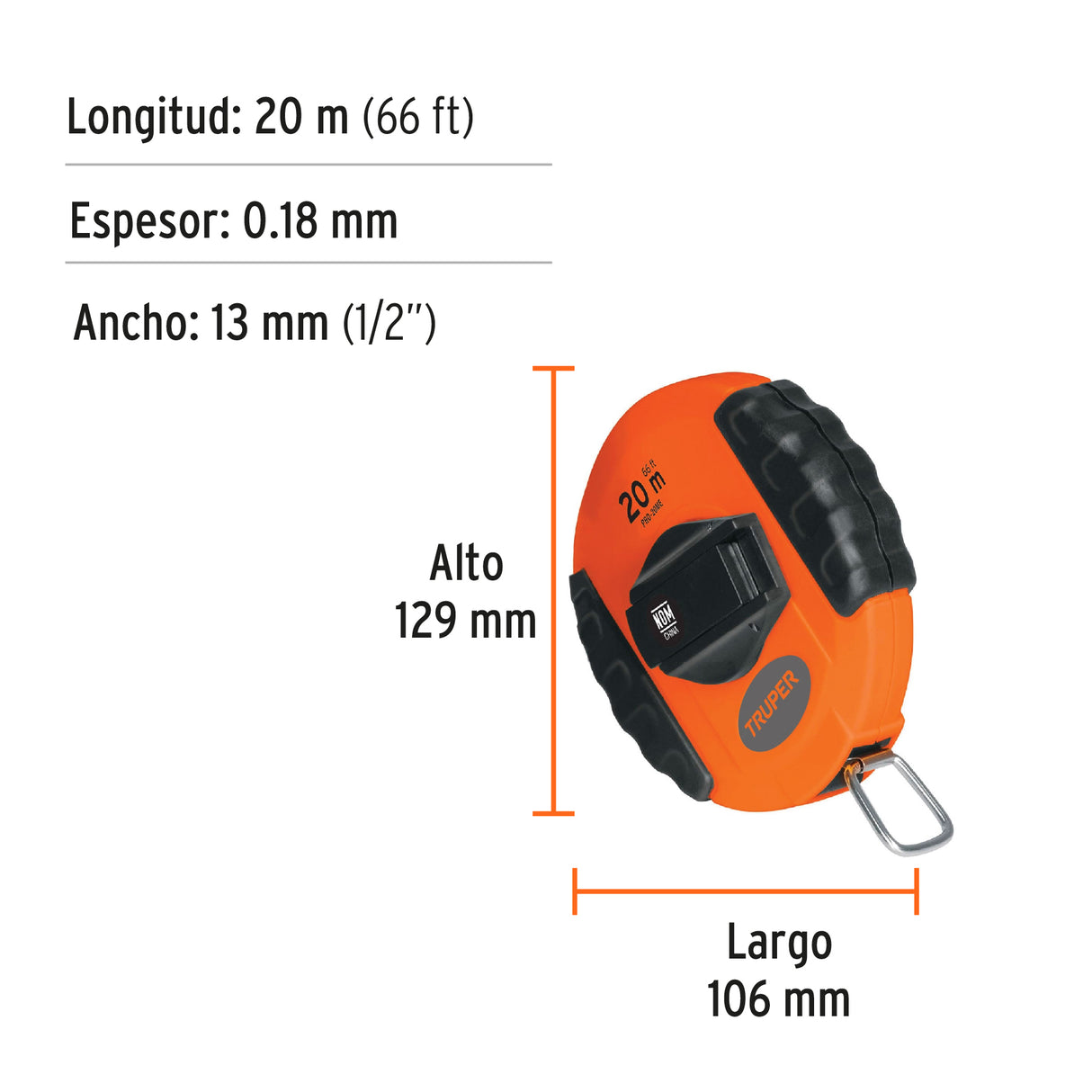 Cinta Métrica Larga 20 m, Metálica, Carcasa Plástica, Truper