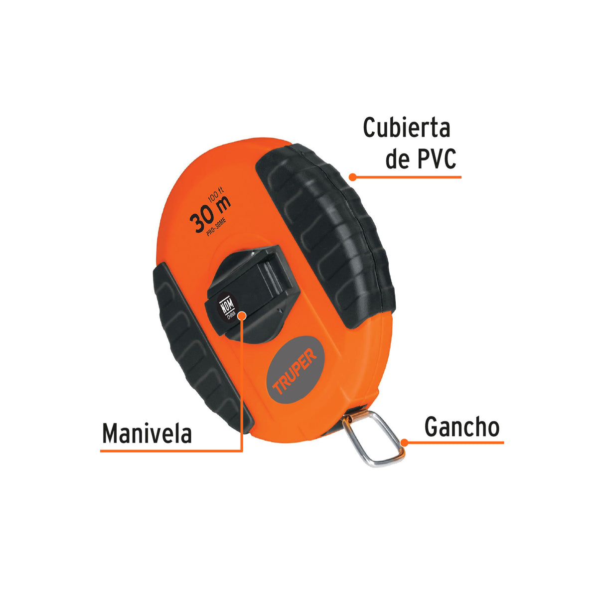 Cinta Métrica Larga 30 m, Metálica, Carcasa Plástica, Truper