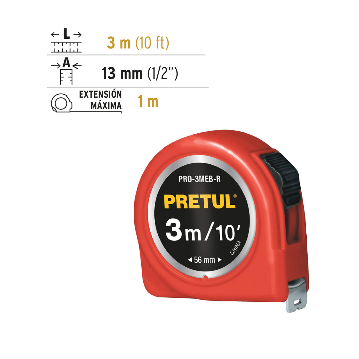 Flexómetro Rojo 3 m Cinta 13 mm, en Tarjeta, Pretul