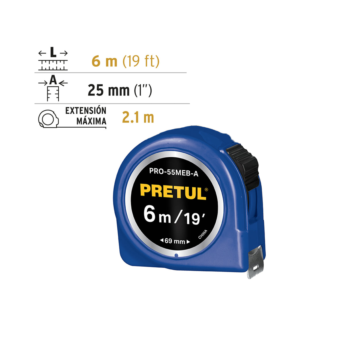 Flexómetro Azul 5.5 m Cinta 25 mm, en Tarjeta, Pretul