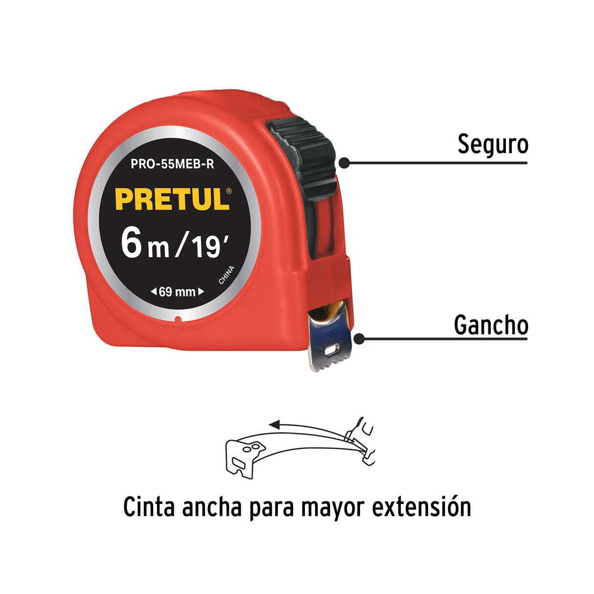 Flexómetro Rojo 5.5 m Cinta 25 mm, en Tarjeta, Pretul