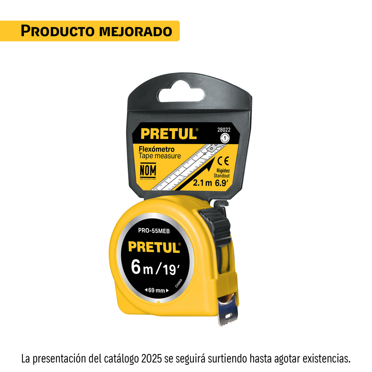 Flexómetro Amarillo 5.5 m Cinta 25 mm, en Tarjeta, Pretul