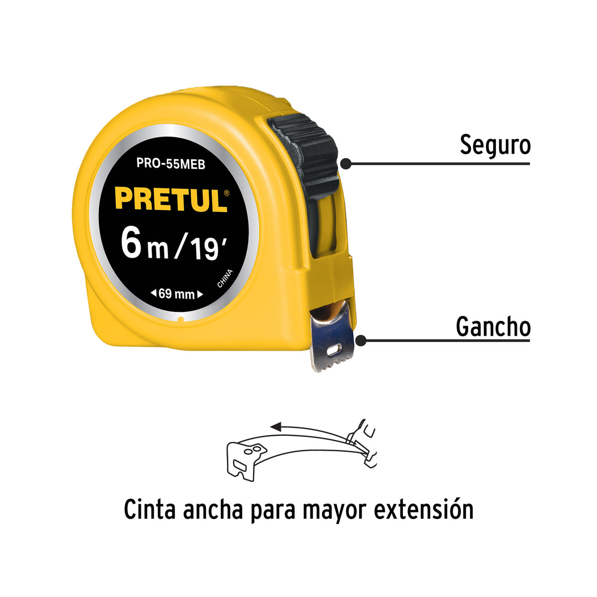 Flexómetro Amarillo 5.5 m Cinta 25 mm, en Tarjeta, Pretul