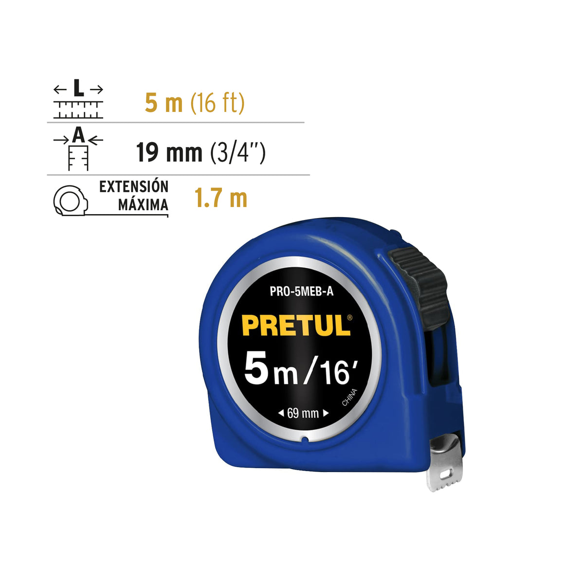 Flexómetro Azul 5 m Cinta 19 mm, en Tarjeta, Pretul