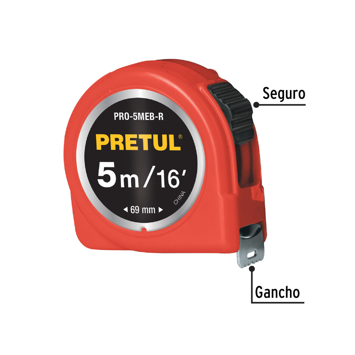 Flexómetro Rojo 5 m Cinta 19 mm, en Tarjeta, Pretul
